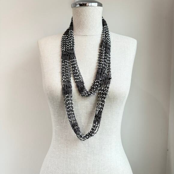 Y2K-inspired Crocheted Skinny Scarf with Beaded Embellishment – Gray & Silver - Picture 3 of 5